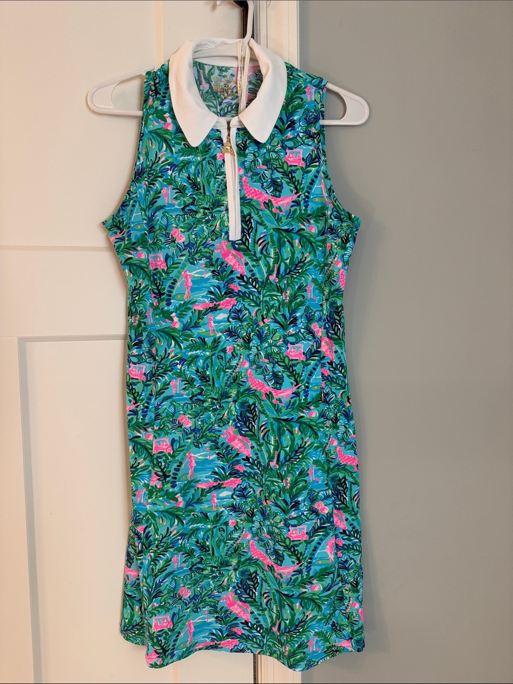 Lilly Pulitzer Sleeveless Tropical Polo Dress in Teal, Hot Pink & White